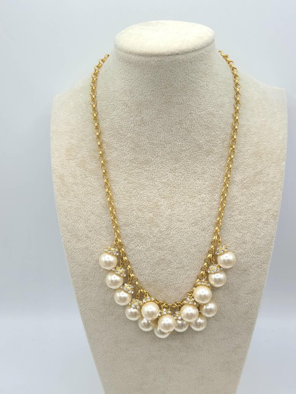 J Crew Gold Tone Faux Pearl With Crystals Necklace